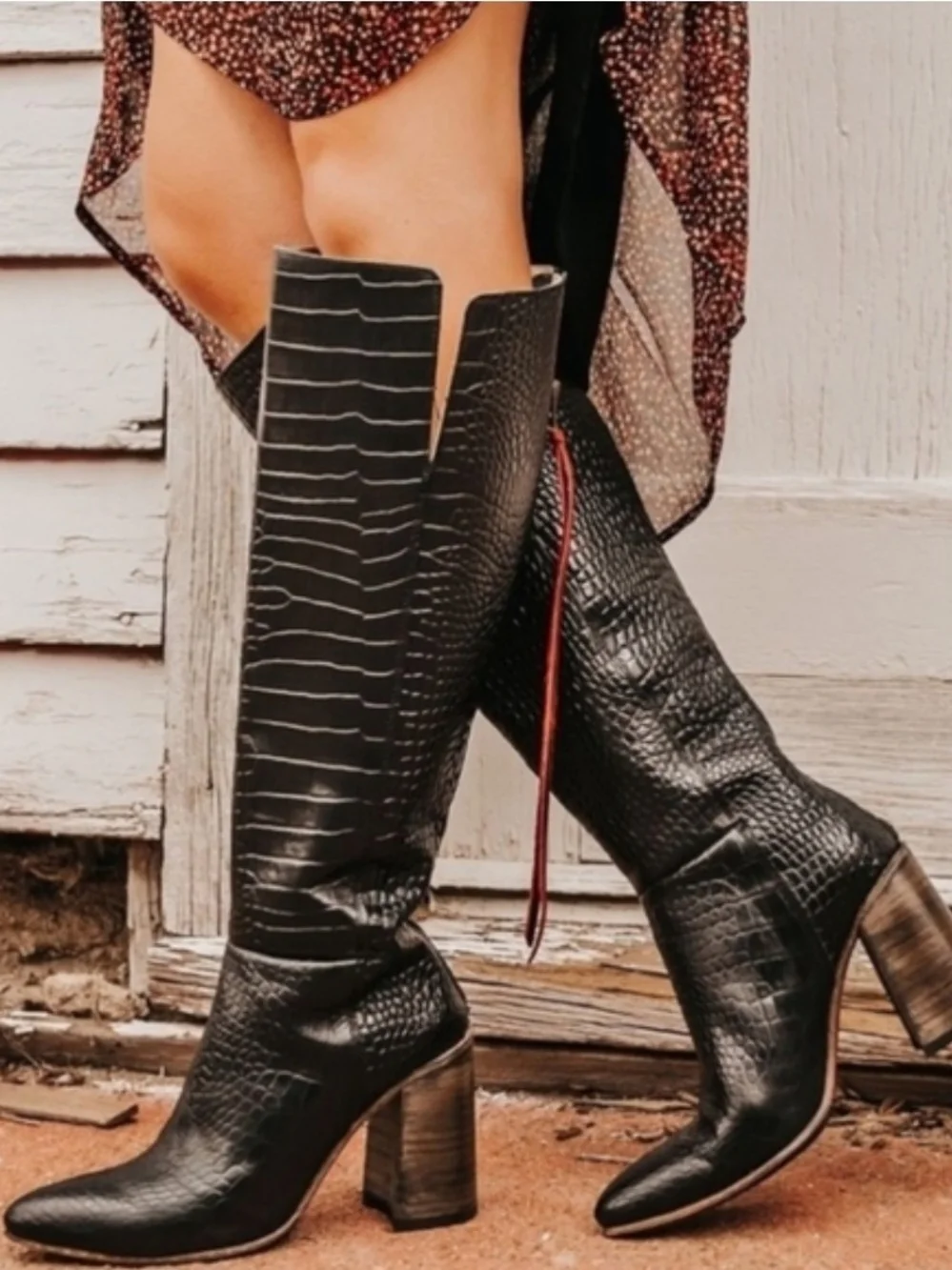 Freebird By Steve Madden 'Jasper' Black Croc-Embossed Knee Boots
